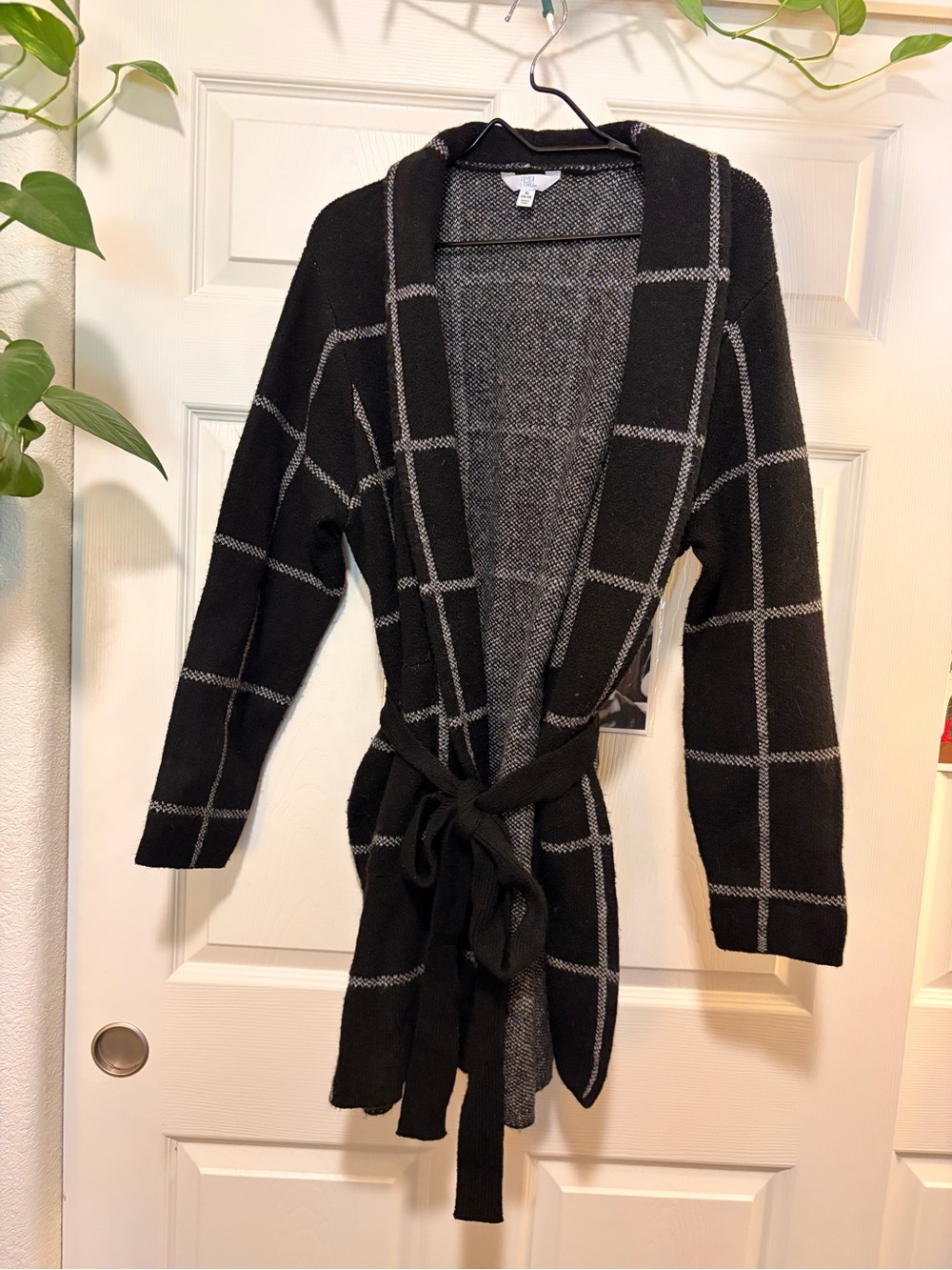 Time and Tru Black Windowpane Belted Open-Front Cardigan